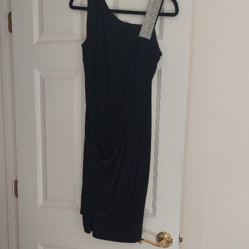 Frank Lyman Design Black One-Shoulder Dress with Crystal-Embellished Strap